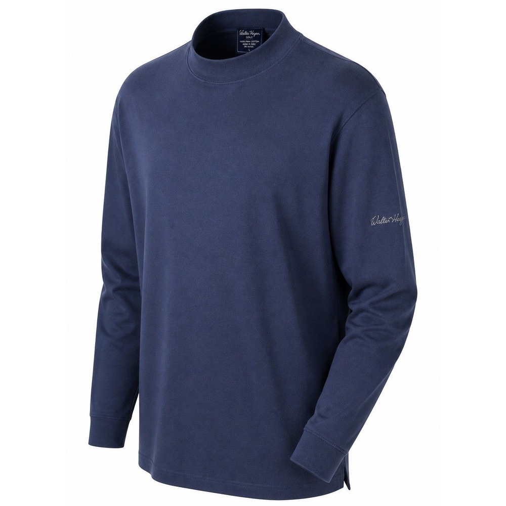 Walter Hagen Mock Neck Shirt Mens Large Pima Cotton Navy Blue Solid Modern